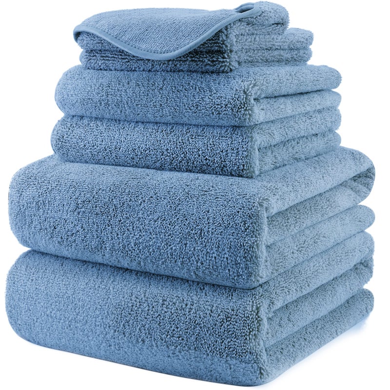POLYTE Oversize, 60 x 30 in., Quick Dry Lint Free Microfiber Bath Towel Set, 6 Piece (Blue) - Image 1